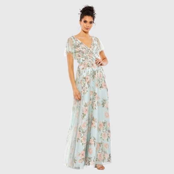 Mac Duggal 11220 NWT Floral Flutter Sleeve V-Neck Maxi Dress - Picture 2 of 9